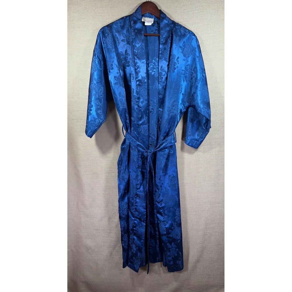 VTG California Dynasty Robe Womens Large Blue Floral Jacquard Satin Kimono
